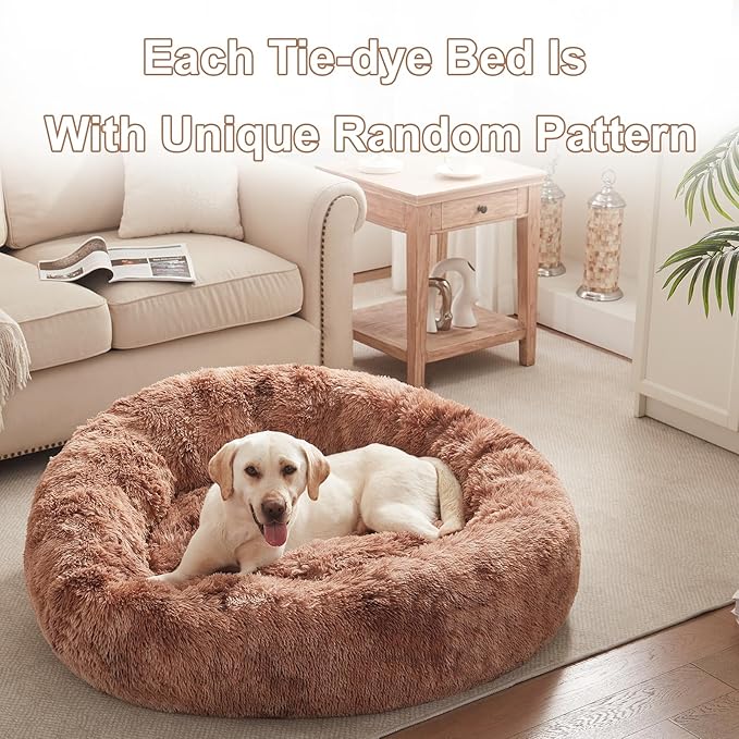 45 inches Donut Dog Bed for Extra Large Dogs,Calming Fluffy Round Jumbo Pet Bed with Removable & Washable Cover, Fits up to 120 lbs Pets (Tie-dye Brown,XL)
