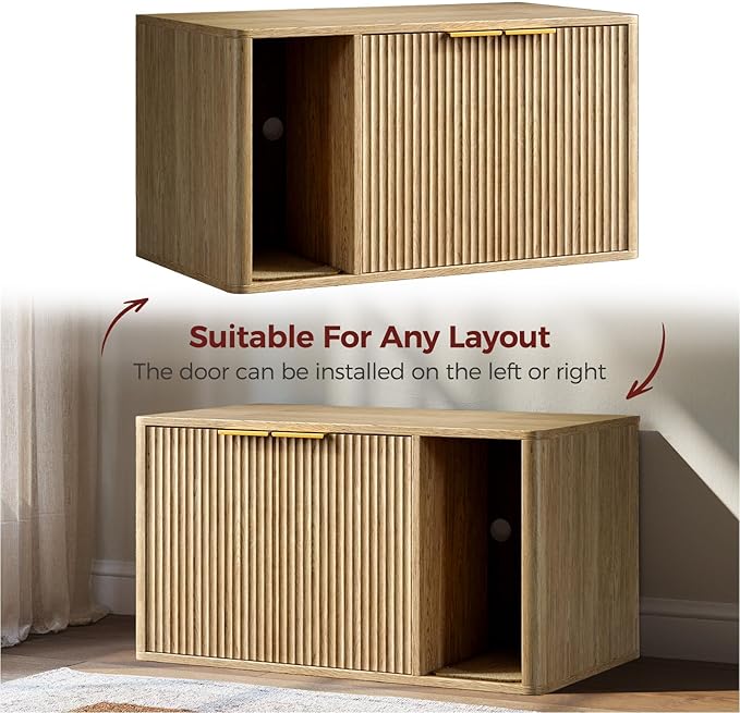 Evermagin 35.4" Oak Cat Litter Box Enclosure Furniture with Cat Scratch Pad, Large Hidden Litter Box Cabinet, Front Entry Can Install Left/Right, Mid Century Modern Kitty End Table, Kitty Bench