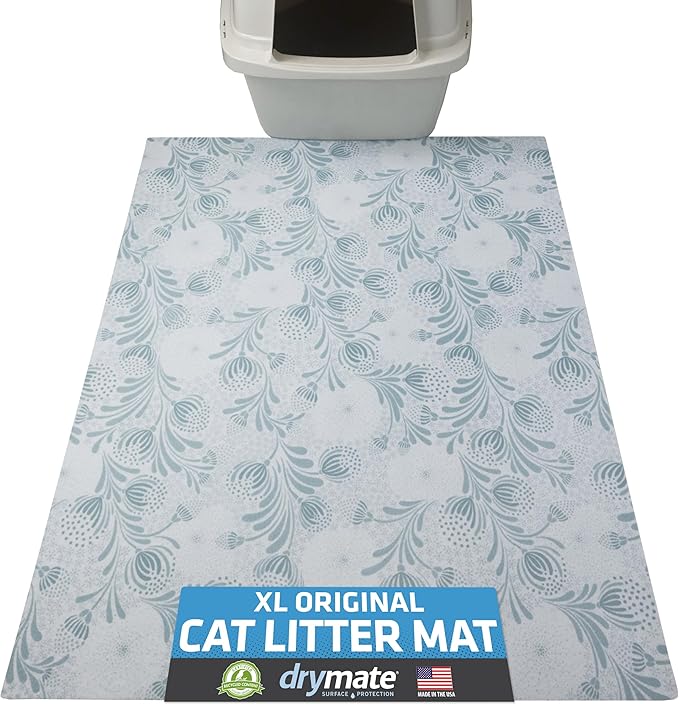 Drymate XL Original Cat Litter Mat, Contains Mess from Box, Protects Floors, Urine-Proof, Machine Washable, Soft on Kitty Paws, Absorbent, Waterproof (USA Made, Recycled Content)(29”x36”)(Blue Floral)