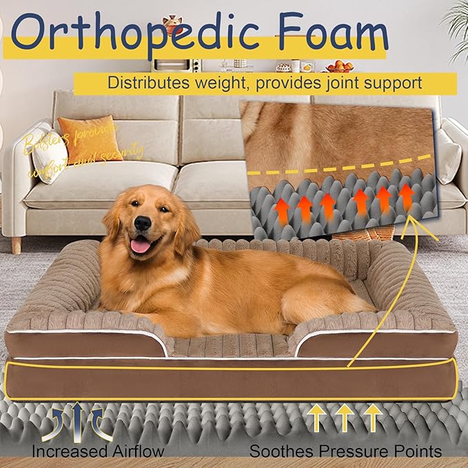 Orthopedic Dog Bed for Large Medium Sized, Washable Memory Foam Large Dog Bed Premium Soft Corduroy Fleece, Durable Medium Pet Sofa with Removable Cover, Washable Waterproof Pet Couch Beds(Brown,XL)