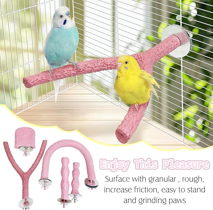 PINVNBY 5 Pack Bird Perch Resin Bird Beak Grinding Stone Parrot Cage Stand Platform Foot Claws Trimmer Chew Toy Cage Accessories for Budgie Cockatiel Conure Lovebird Finch (Pink)