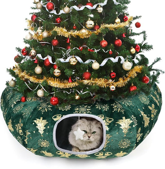 Cat Tunnel Bed for Indoor Cats, L Christmas Tree Skirts Washable Warm Soft Indoor Cat Donut Tunnel, Multifunctional Cat Interactive Playground Toys for Felines Pet Christmas Tree Decoration
