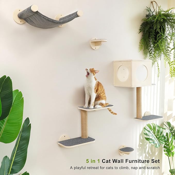 FUKUMARU Cat Wall Shelves, 5-Piece Stable Wooden Wall-Mounted Furniture Set, Kitty Climber with Hammock, House, Steps, Scratching Post (Gray)