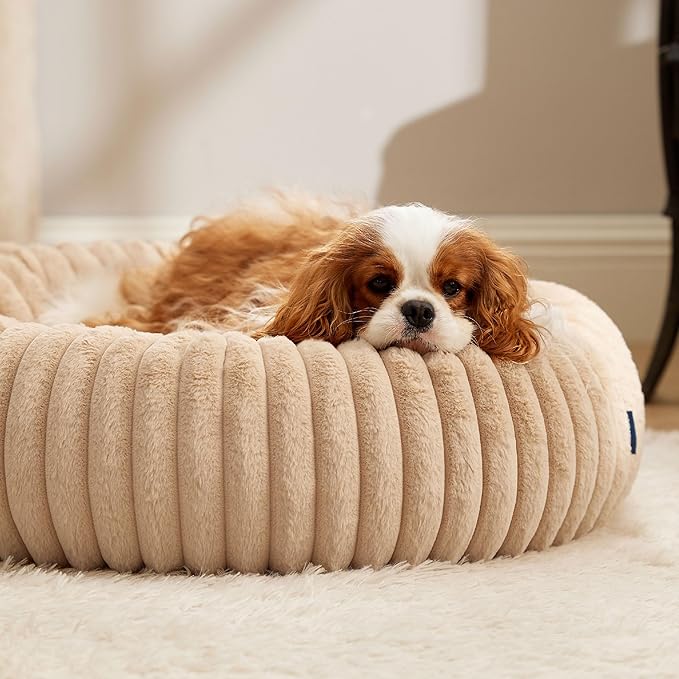 Bedsure Medium Dog Bed - Washable Faux Fur with Corduroy Fleece & Anti Slip Bottom, Round Pet Bed with Removable Cover, Sandy Beige, 30x30x8 inches