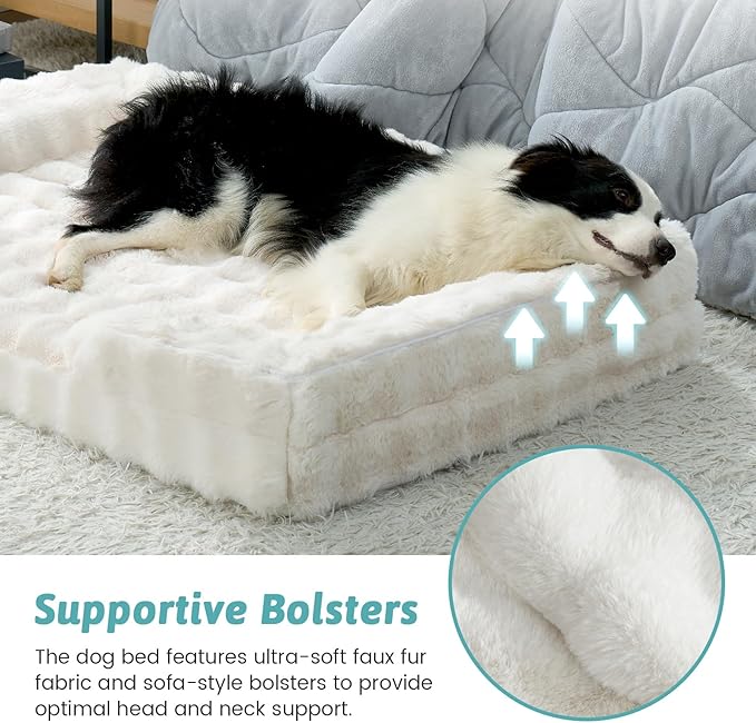 Orthopedic Dog Bed for Large Size Dog, Soft and Warm Faux Fur Extra Large Sofa for Pet Up to 100 lbs, Foam Bolster Anti-Slip Couch with Washable Removable Cover, XL 44x32x7 inch, Beige