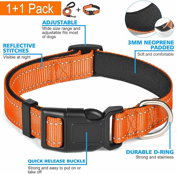 Reflective Dog Collar Padded with Soft Neoprene Breathable Adjustable Nylon Dog Collars for Small Medium Large Dogs (X-Small (Pack of 1), Orange Collar+Leash)
