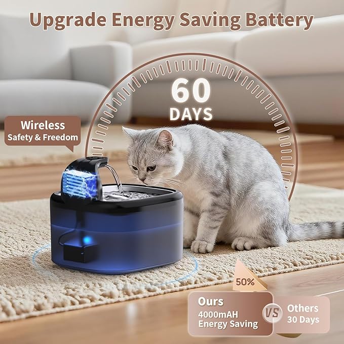 Cat Water Fountain Cordless Stainless Steel 118oz/3.5L Wireless & Ultra Quiet (≤25dB) with Sensor/Timer Mode, Battery Operated Pet Fountain for Indoor Use, Automatic Pet Water Dispenser