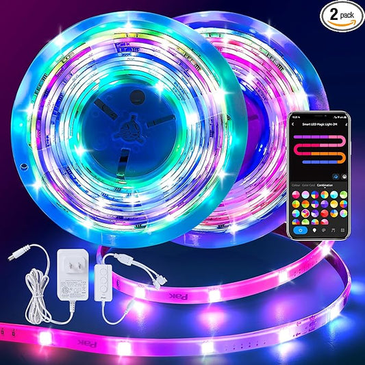 Pak LED Strip Lights 104ft(2x52ft), RGBIC Color Changing Smart Lights with App, Remote & Voice Control, Music Sync, 64 Scenes, Flexible, DIY Cuttable, Easy Installation for Bedroom, TV, Gaming, Party