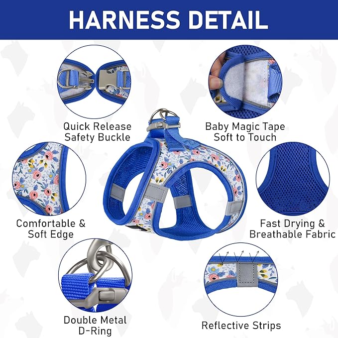 GAMUDA Small Dog Harness Collar and Leash Set, Step in No Chock No Pull Soft Mesh Adjustable Dog Vest Harnesses Plaid Reflective for Dogs Puppy Cats Kitten Rabbit (Blue Flower, S)
