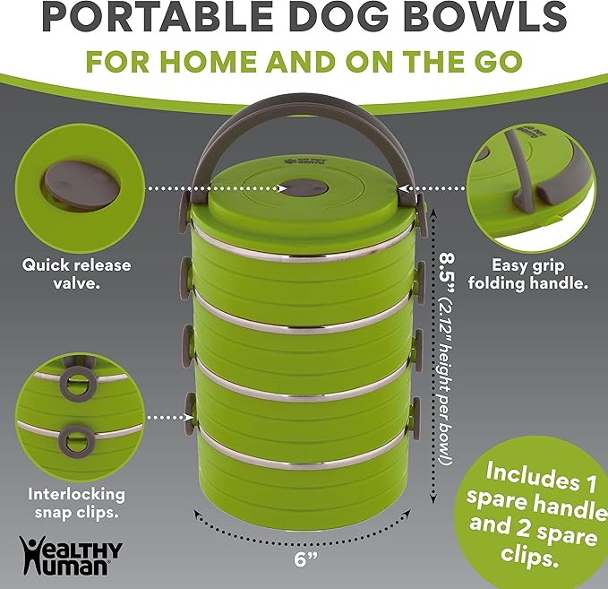Healthy Human Travel Pet Bento Bowls - Human-Grade Stainless Steel & BPA-Free, Leak-Proof Water & Food Container Set for Dogs & Cats, 2-Pack Interlocking Bowls, Includes Spare Clips & Handle (Green)