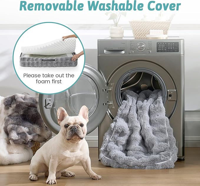Orthopedic Dog Bed for Large Medium Size Dog, Soft and Warm Faux Fur Sofa for Pet Up to 75 lbs, Foam Bolster Anti-Slip Couch with Washable Removable Cover, L 36x27x6.5 inch, Grey