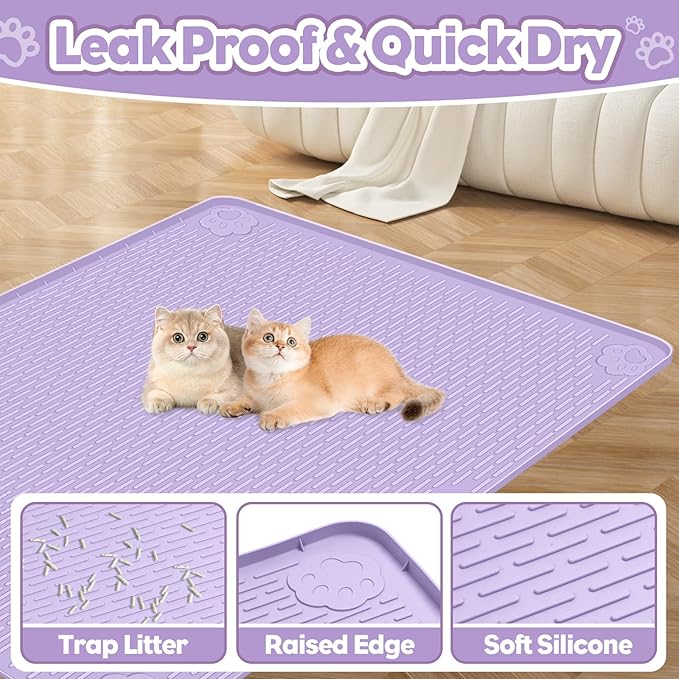 Cat Litter Mat, Extra Large 34" x 22" Silicone Mat Litter Trapping Mat for Scatter Control, Soft on Kitty Paws, Easy to Clean (Purple)