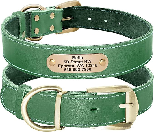 Didog Genuine Leather Dog Collars with Engraved Nameplate, Personalized Soft Leather Dog Collar with Custom ID Tag, Brown/Green/Red for Medium Large Dogs (XL,Green)
