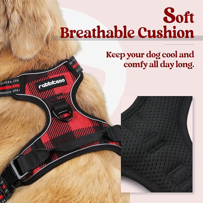 rabbitgoo Dog Harness No Pull with 2 Leash Clips, Adjustable Soft Padded, Reflective Oxford No Choke Pet Vest with Easy Control Handle for Large Dogs, Red Plaid, L
