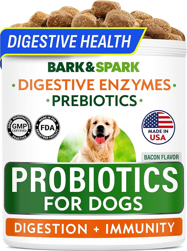 BARK&SPARK Dog Probiotics for Digestive Health w/Enzymes & Fiber - Diarrhea Gas Treatment Upset Stomach Relief - Allergy & Itchy Skin - Pet Probiotics for Dogs - (120Ct, Bacon)