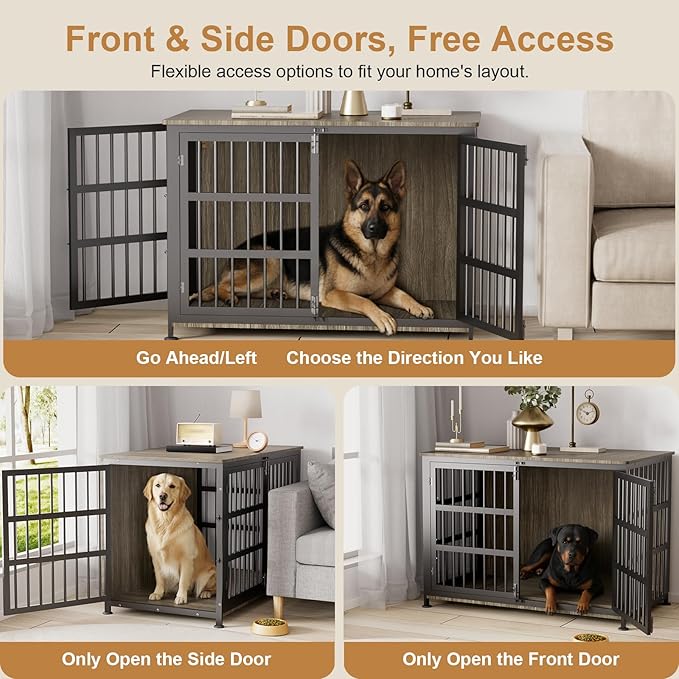 46" Dog Crate Furniture with Wheels, XXL Heavy Duty Dog Kennel Indoor for XL Dogs, Metal Chew-Proof Dog Cage, 45.9" L x 27.6" W x 32.4" H, Decorate House as TV Stand, End Table — Grey