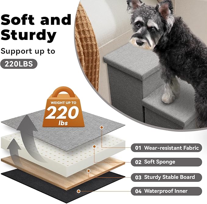 Dog Stairs for High Beds, Folding Pet Stairs Gift for Dogs Puppy with Storage for Bed Couch, Cat Dog Ramp Hold Up to 200 lbs (Gray, 5 Steps with Condo(49" D x 17" W x 26" H))