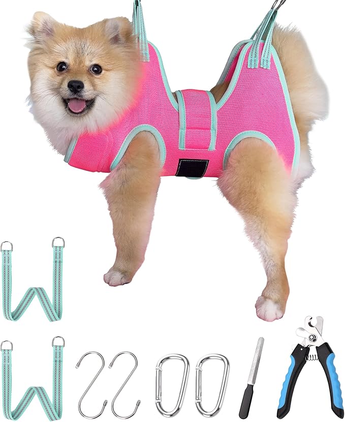 Dog Grooming Hammock,XS Pink Hanging Harness Holder for Nail Clipping/Trimming,Grooming Sling Hanger with Thick Fabric Neck Support,Strap Restraint for Claw Care