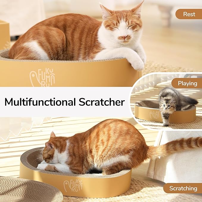 FUKUMARU 3PCS Cardboard Cat Scratcher Bed, Durable Oval Cat Scratch Bed Pads, Round Cats Scratching Board with Large Kitten Scratcher Box for Indoor Cats, Couch Sofa Furniture Protector