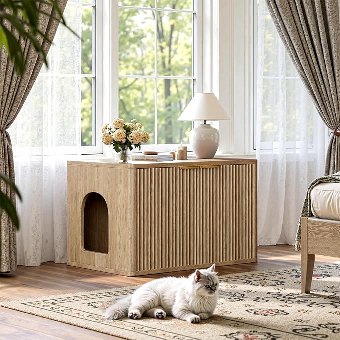 Evermagin 31.5" Oak Cat Litter Box Enclosure Furniture, Large Hidden Litter Box Cabinet, Entry Can Install Left/Right, Mid Century Modern Fluted Kitty End Table for Living Room, Entryway, Bedroom