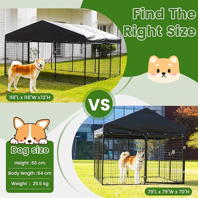 Large Outdoor Dog Enclosure,Heavy Duty Dog Cage with Roof,Galvanized Steel Dog Kennel Fence with Double Safety Locks(79”W x 79”D)