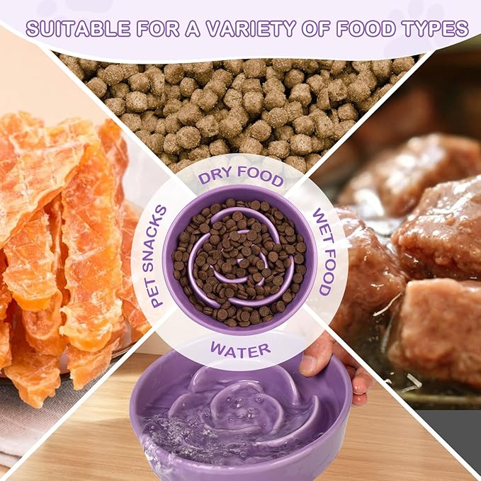 TRUVIC Ceramic Slow Feeder Dog Bowls, 1.5 Cup Puzzle Slow Feeder Bowls for Fast Eaters, Ceramic Dog Food Dish no Black Chin, Puzzle Bowl for Medium Dogs, Purple