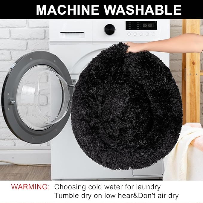 Dog Bed Calming Beds for Small Medium Large Dogs - Round Donut Washable Puppy Dog Bed, Anti-Slip Faux Fur Fluffy Donut Cuddle Anxiety Cat Pet Bed(32'' Black)