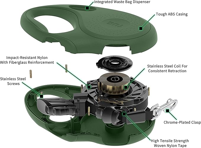 TUG Oval 360° Tangle-Free Retractable Dog Leash with Integrated Waste Bag Dispenser (Small, Green)