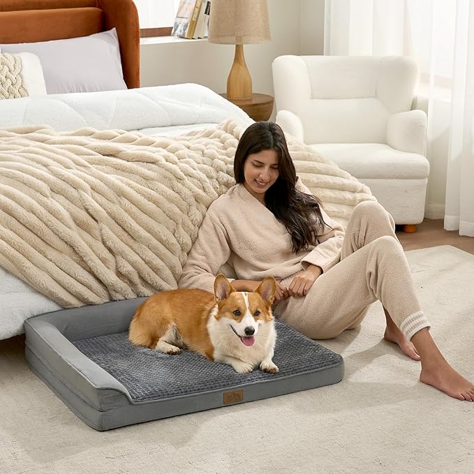 Orthopedic Dog Bed for Medium Small Size Dog, Dogs Crate Bed, L Shaped Foam Anti-Slip Bottom Pet Cat Sofa with Washable Removable Cover, Suitable for Pet Up to 40 lbs, 30x20x6.5 inch, Grey
