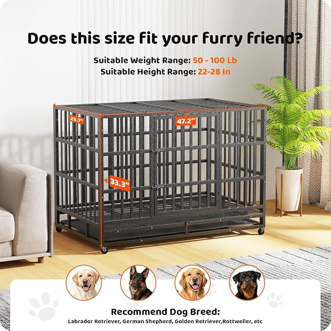 Heavy Duty Indestructible Dog Crate 48in,High Anxiety Dog Crate with Removable,Escape-Proof Double Door Dog Cage,Heavy Duty Dog Kennel Indoor with Lockable Wheels for Medium Large XL XXL Dogs