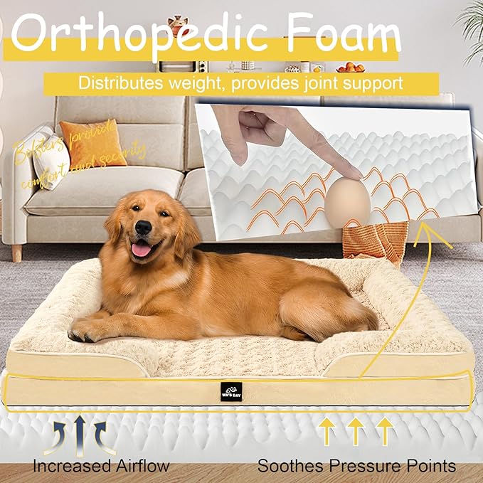 Orthopedic Dog Bed for Large Medium Sized, Washable Memory Foam Large Dog Bed, Medium Pet Sofa with Removable Cover, Washable Waterproof Pet Couch Beds(Beige, M)