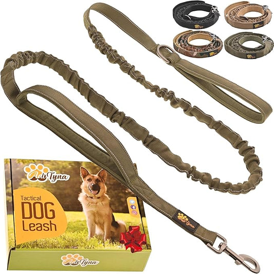 ADITYNA Tactical Bungee Dog Leash 6ft-7.5ft - Shock Absorbing Lead with 2 Padded Handles, Metal Clasp, Car Seatbelt - Heavy Duty No Pull for Medium, Large & XL Breeds
