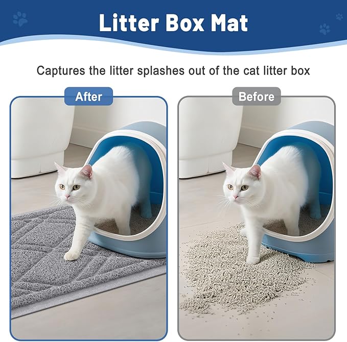 Smiry Cat Litter Box Mat 30x17, Non-Slip Water Resistant Litter Trapping Mat, Easy Clean Less Waste and Urine-Locking Cat Carpet for Indoor, Grey