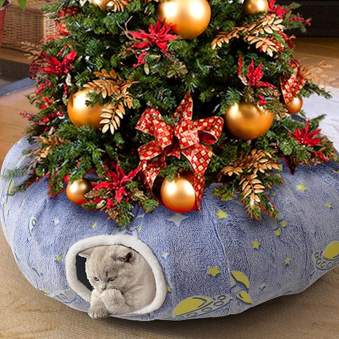 Under Christmas Tree Large Cat Tunnels Bed Tube for Indoor Cats Glows in The Dark Cat Tunnel with Cushion and Plush Ball Toy Toys for Dog Puppy Kitten Rabbit Bunnies Ferret Pet Blue