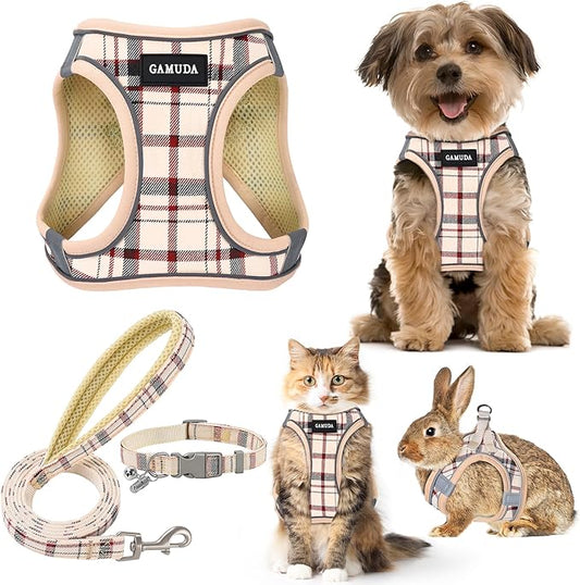 GAMUDA Small Dog Harness Collar and Leash Set, Step in No Chock No Pull Soft Mesh Adjustable Dog Vest Harnesses Plaid Reflective for Dogs Puppy Cats Kitten Rabbit (Beige Red, XXXS)