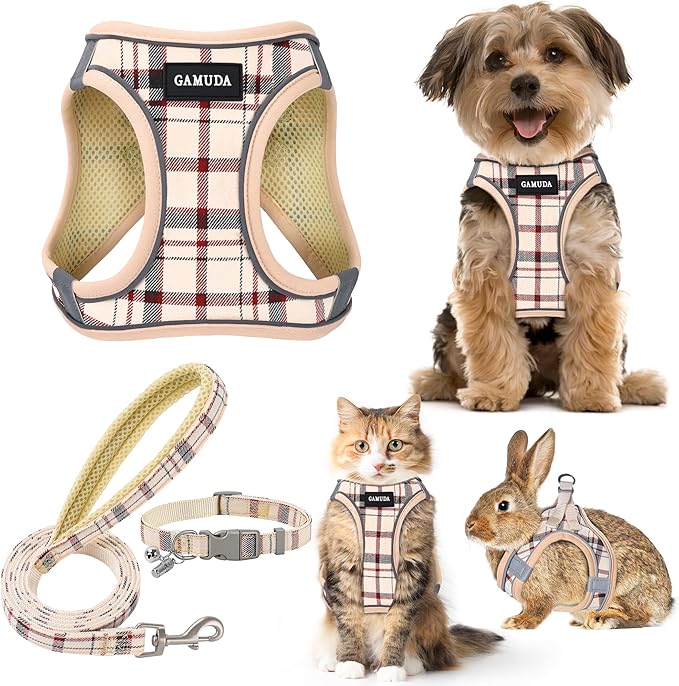 GAMUDA Small Dog Harness Collar and Leash Set, Step in No Chock No Pull Soft Mesh Adjustable Dog Vest Harnesses Plaid Reflective for Dogs Puppy Cats Kitten Rabbit (Beige, XXS)