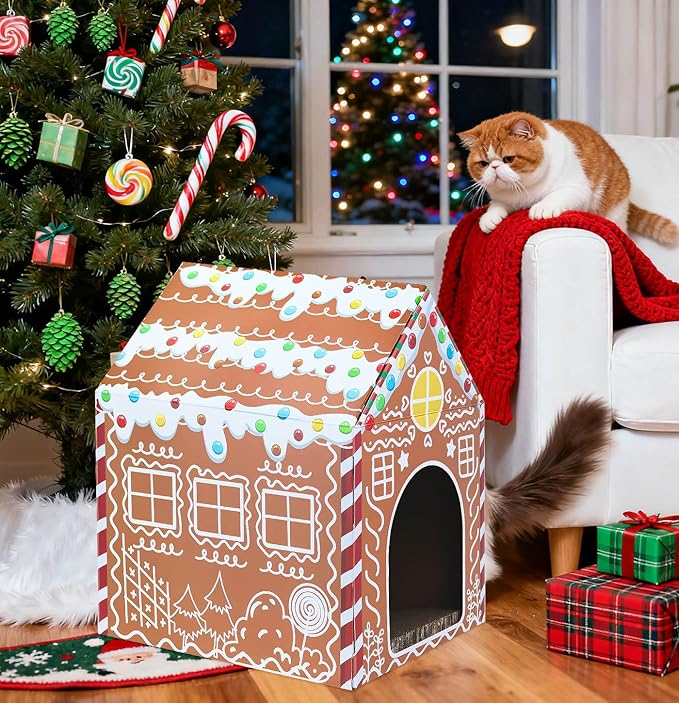Christmas Gingerbread Cat House 16.5"x 13"x19" Christmas Cardboard Cat Scratcher House with Scratching Pad for Indoor Cats Kittens Large Cat Playhouse