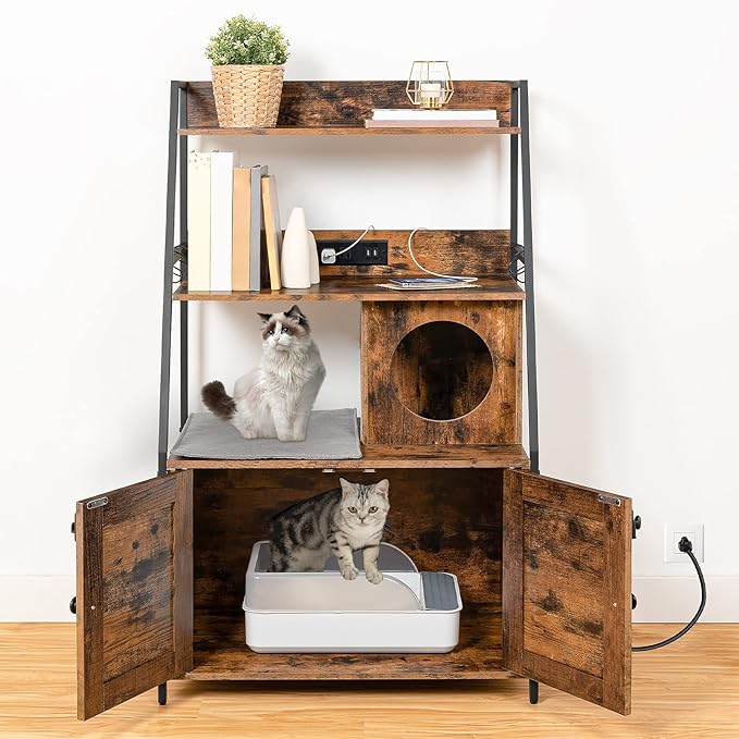 HOOBRO Litter Box Enclosure with 2 Storage Shelves, Tall Litter Box Furniture Hidden with Charging Station, Indoor Hidden Litter Box Furniture with Plush Mat, Rustic Brown and Black BF70UMW01