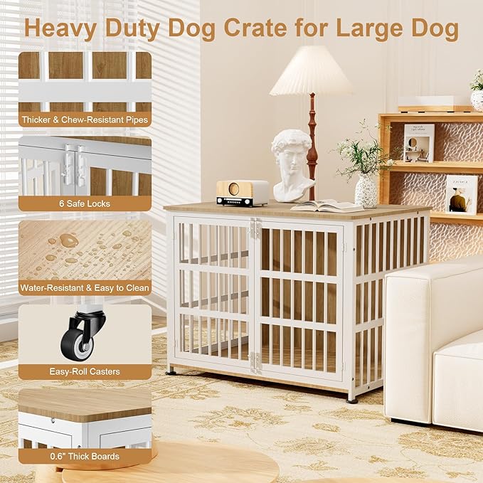 41" Furniture Style Large Dog Crate with Wheels, Chew-Resistant Dog Kennel Furniture Indoor for Large & Medium Dogs, 41"L x 29.1"W x 30.3"H, Decorate House as TV Stand, End Table — Natural and White