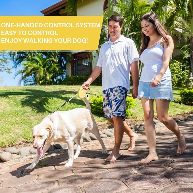 Upgraded Retractable Dog Leash with Chew Proof Cable and Poop Bag Dispenser, 16Ft Heavy Duty Dog Leash for Small Medium Large Dogs up to 120lbs, 360° No Tangle (Yellow)