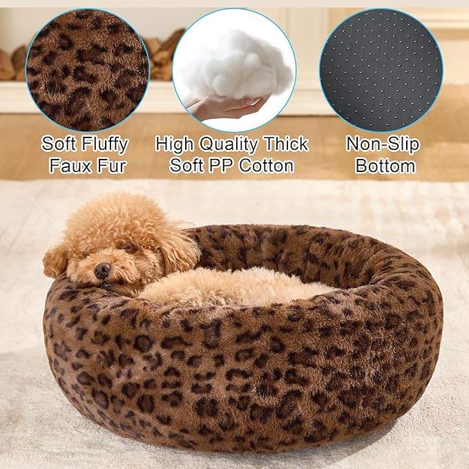 Dog Calming Beds for Small Medium Large Dogs - Round Donut Washable Puppy Dog Bed, Anti-Slip Faux Fur Fluffy Donut Cuddle Anxiety Cat Pet Bed (32" Leopard Print)