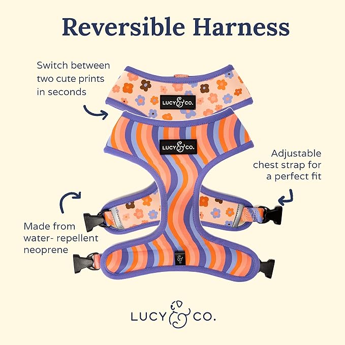 Lucy & Co. Purple with Coral Floral Wave, Cute Reversible Dog Harness Walking Halter - Best Designer Pet Harnesses for XS - XL Dogs - Padded Adjustable Vest for Easy Walking (X-Small)