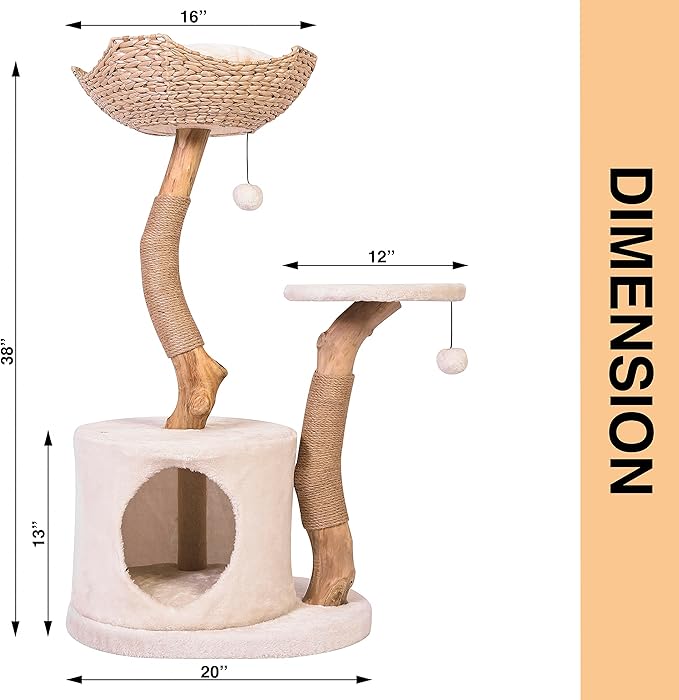 Modern Cat Tree for Indoor Small Cats - Real Wood Cat Tower with Scratch Post, Hiding Enclosure - Unique, Boho,White