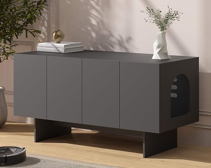 Double Litter Box Enclosure, Litter Box Enclosure for 2 Litter Boxes, Modern Litter Box Furniture for 2 Cats, Scandi Style (Black)