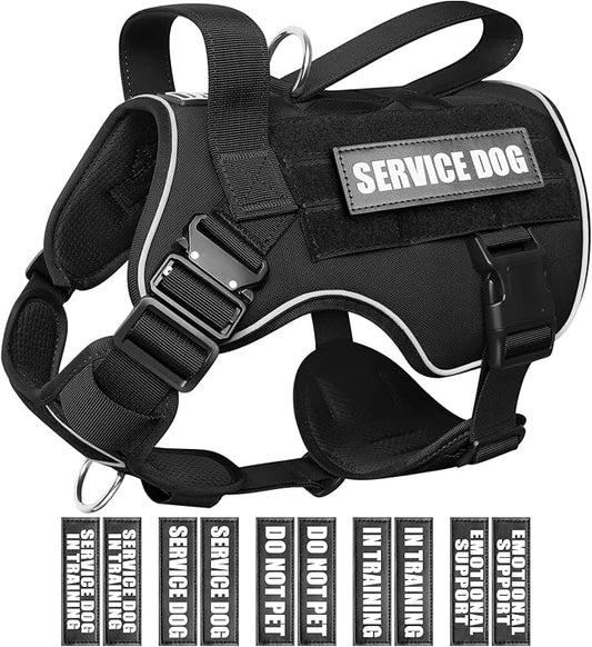 WINSEE Tactical Dog Harness for Medium Dog, Heavy Duty Service Working MOLLE Vest with 10 Pet Patches, 2X Metal Buckle Vest for Training Hunting Walking