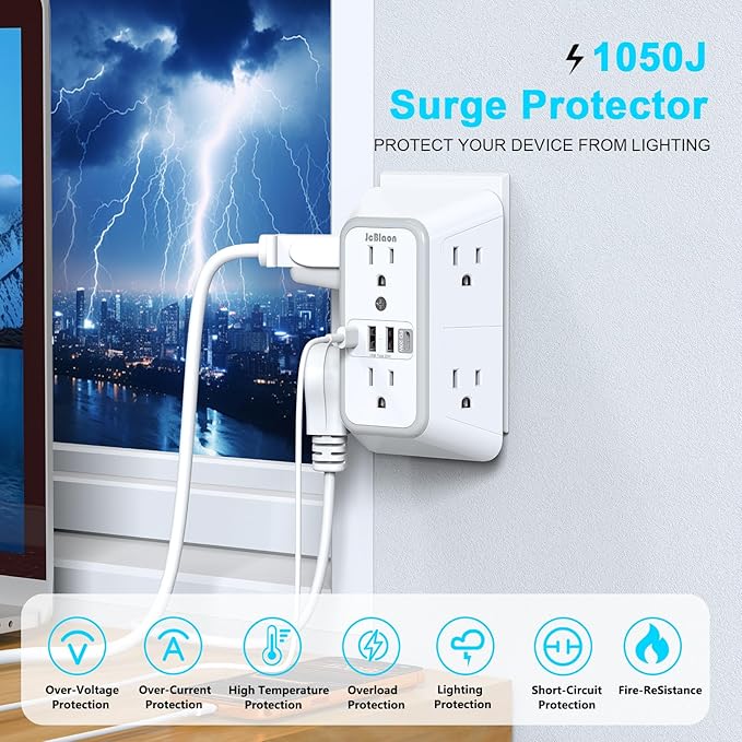 JcBlaon Multi Plug Outlet Surge Protector, Wall Charger with 6 Outlet Splitter with 4 USB Ports(PD 20W), 3-Sided 1050J Surge Protector Power Strip for Home Office Dorm Room Essentials