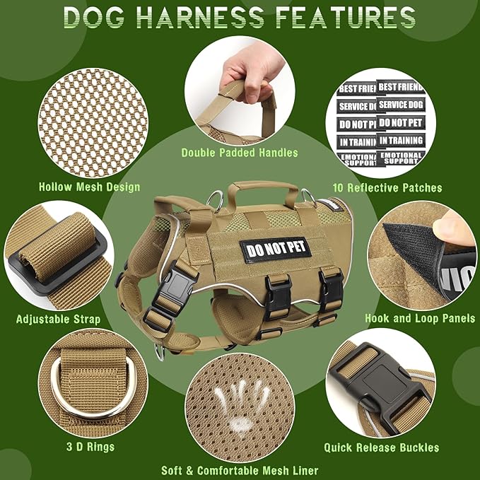 WINSEE Mesh Dog Harness with 10 Pet Patches for Large Service Dog in Training, Breathable Tactical Molle Vest with Double Handle, Reflective Military Pet Vest for Walking Hiking