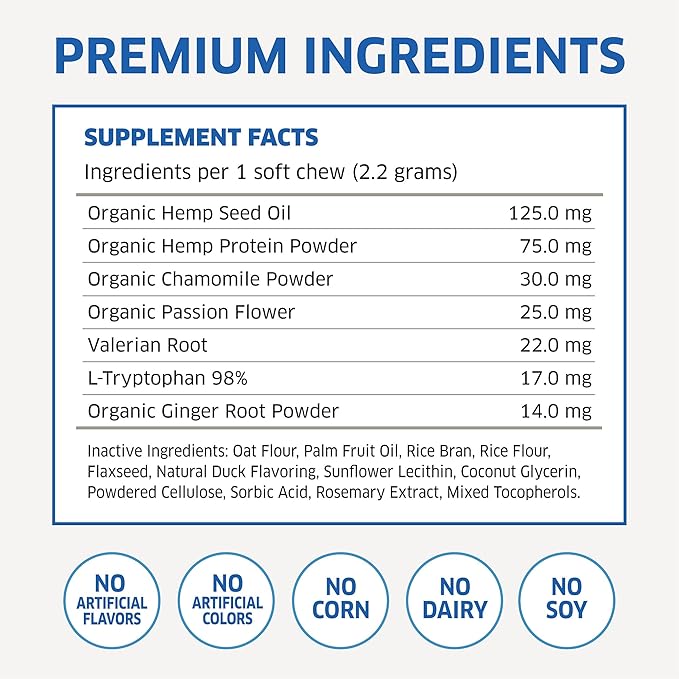 Hemp Calming Chews for Dogs - Natural Anxiety Relief Treats - Separation, Stress, Barking, Thunderstorms - 120 Dog Anxiety Chews