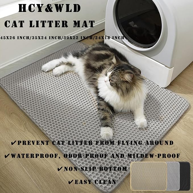 HCY&WLD Cat Litter Mat, 45x26 Inch Extra Large&Long Double Layer Cat Litter Box Mat, EVA Non-Slip, Waterproof Urine Proof Cat Litter Catcher Mat, Easy Clean Scatter Control (45x26 Inch, Khaki)