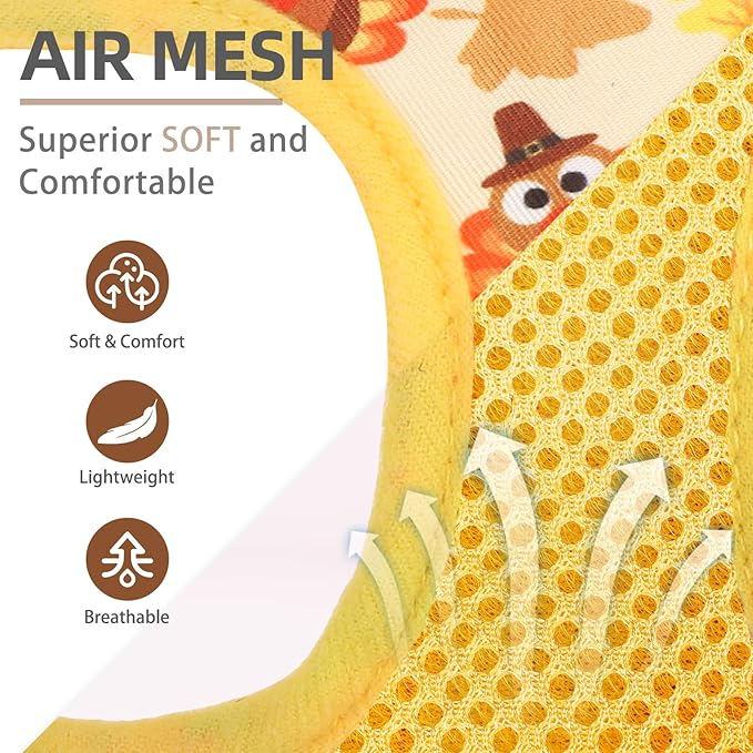 PUPTECK Dog Harness and Leash Set for Small Medium Dogs No Pull Step-in Soft Mesh Puppy Cat Vest Harnesses Reflective at Night Thanksgiving, Yellow Turkey, S